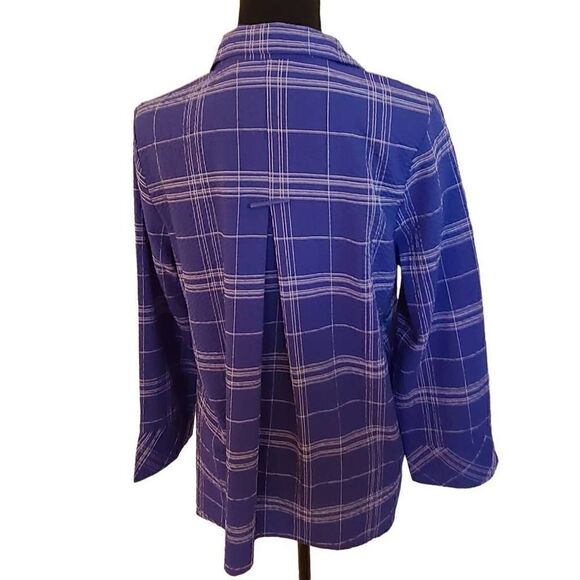 Habitat Womens Blouse Button Down High Low Long Sleeve Plaid Blue XS - Picture 2 of 13